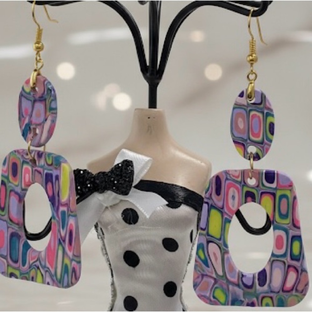 Handmade Geometric Dangle Earrings –Bold, Artsy, Handmade Polymer Clay Host Pick - Picture 15 of 15